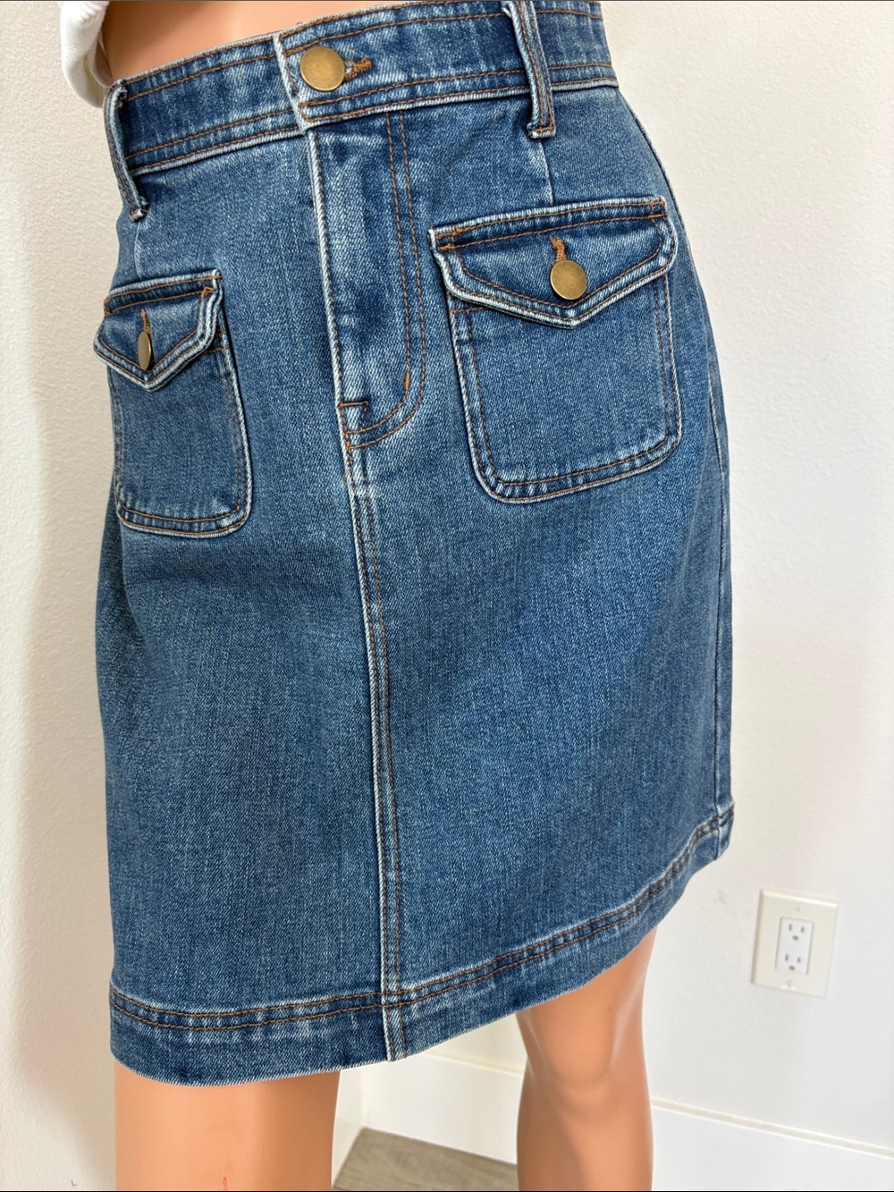 Draper James Medium Blue Denim Mini Skirt with Flap Pockets